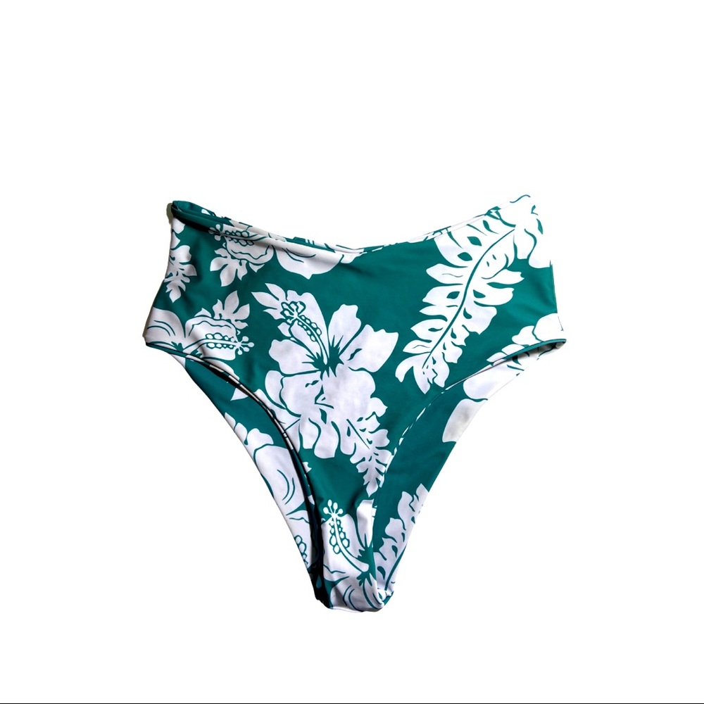 High Cut High Waisted Teal Floral Bikini Bottom